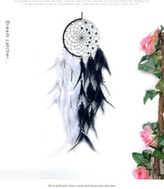 Détail des perles et éléments plume noirs et blancs