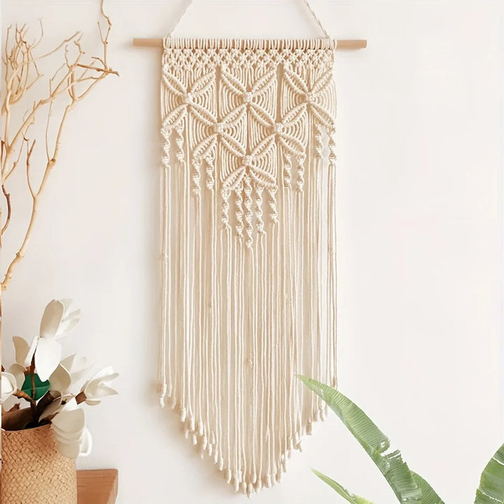 Macramé mural beige 35 × 70 cm à longues franges