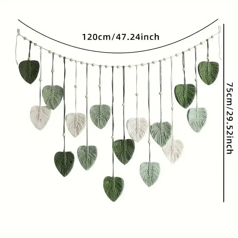 Macramé mural feuilles et plumes
