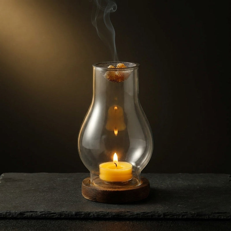 Brûle-résine en verre sur socle en bois