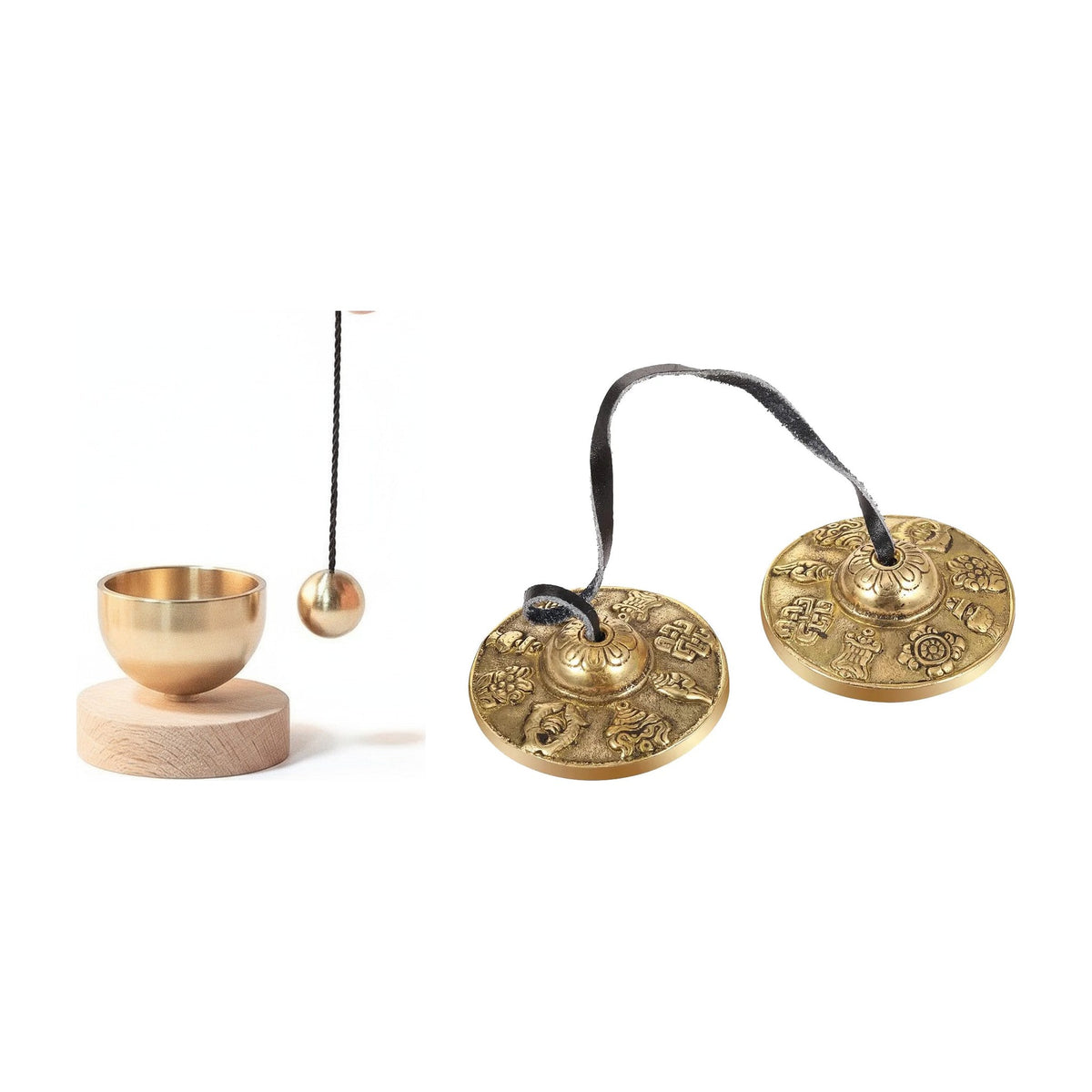 Coffret Son — mini bol chantant, maillet et tingsha : contenu du coffret sur fond blanc