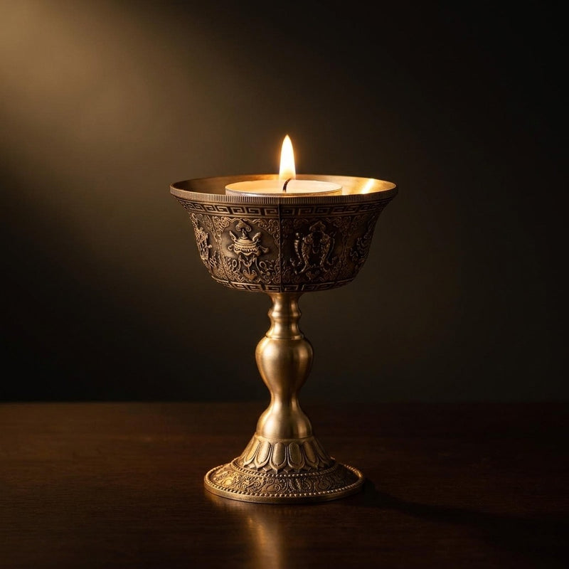 Coupe à bougie tibétaine en métal gravé — 9,5 cm