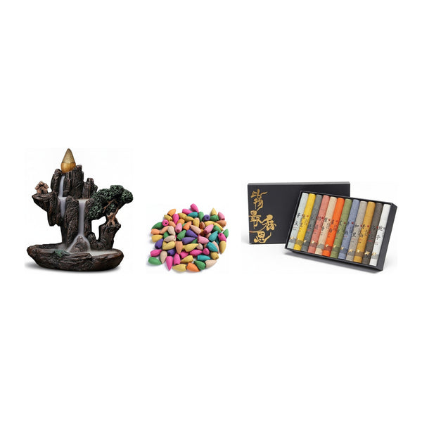 Grand coffret Nuit & fumée — brûleur Double Cascade, 160 cônes et 12 encens : contenu du coffret sur fond blanc