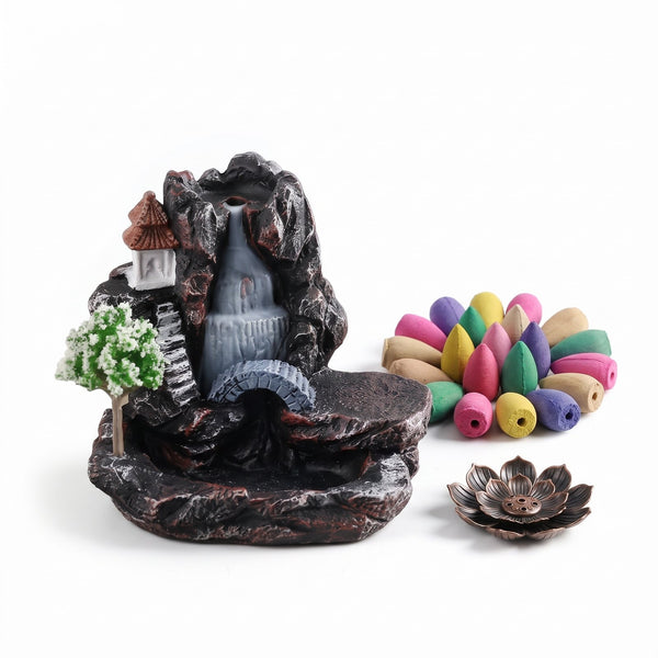 Kit Rituel du soir : brûleur à reflux Rivière, cônes d'encens assortis et porte-encens lotus
