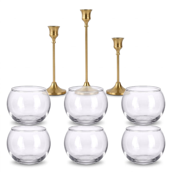 Kit Table de fête : 6 photophores boule en verre et 3 bougeoirs fins, bougies non incluses