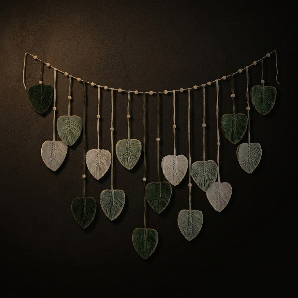 Macramé mural feuilles et plumes